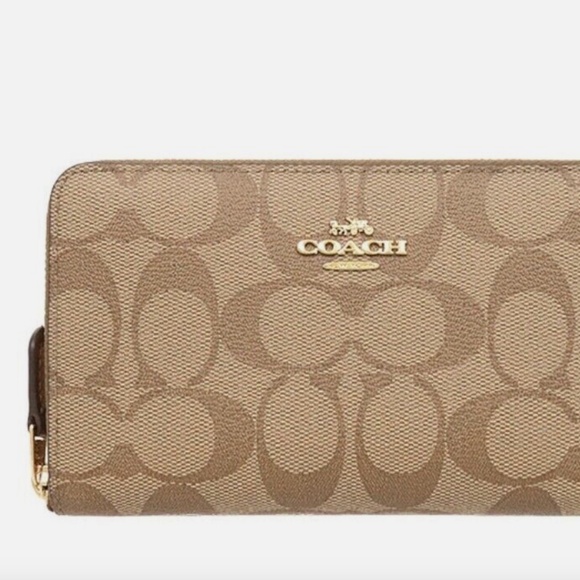 NWT Coach Medium Zip Around Signature Coated Canvas Wallet F88913 Khaki / Saddle - Picture 2 of 9